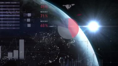 Uzayda dönen ışık ve küreye karşı istatistiksel veri işleme dijital animasyonu. küresel ağ ve iş teknolojisi kavramı
