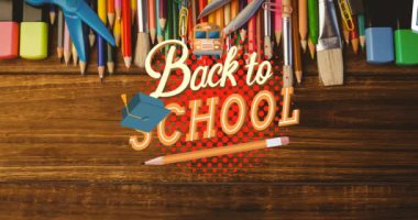 Havan topu ve ders kitabının okul masasında kırtasiye malzemeleriyle birlikte sekmesi. okul, eğitim ve öğrenim konsepti dijital olarak oluşturulmuş video.