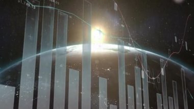 Tüm dünyada istatistik ve veri işleme animasyonları. küresel iş, ağlar, bağlantılar ve dijital arayüz konsepti dijital olarak oluşturulmuş video.