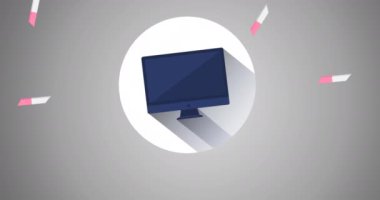 Düşen pembe ve beyaz silgi ve gri üzerine beyaz daire şeklinde siyah bilgisayar ekranının animasyonu. okul, eğitim ve öğrenim konsepti dijital olarak oluşturulmuş video.