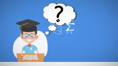 Mavi arka planda ilerleyen okul çocuklarının ve matematiksel denklemlerin animasyonu. eğitim, bilim, öğrenme ve bilgi konsepti dijital olarak oluşturulmuş video.