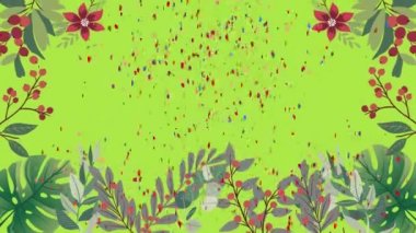 Yeşil arka planda çiçeklerin üzerine düşen konfeti animasyonu. kutlama ve eğlence konsepti dijital olarak oluşturulmuş video.