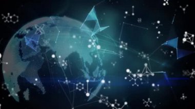 Mavi arkaplandaki dünya ile bağlantı ağının animasyonu. küresel ağlar ve bağlantılar, dijital arayüz konsepti dijital olarak oluşturulmuş video.