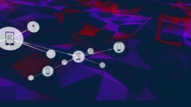 Parlayan mor ışık yollarının üzerindeki simgelerle bağlantı ağının animasyonu. küresel bağlantılar, teknoloji ve dijital arayüz konsepti dijital olarak oluşturulmuş video.