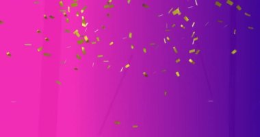 Parlayan neon ışıklarının üzerine düşen altın konfetilerinin animasyonu pembe arka plan. kutlama, eğlence ve eğlence konsepti dijital olarak oluşturulmuş video.