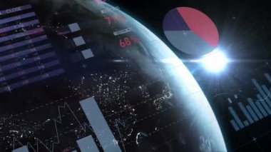 Uzayda dönen ışık ve küreye karşı istatistiksel veri işleme dijital animasyonu. küresel ağ ve iş teknolojisi kavramı