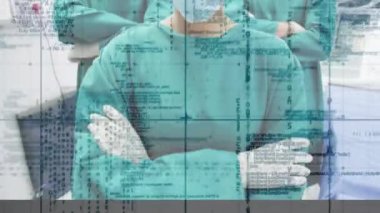 Yüz maskesi ve ızgarası olan cerrahlar üzerinde veri işleme animasyonu. küresel tıp, teknoloji ve dijital arayüz covid 19 salgın konsepti boyunca dijital olarak üretilen video.