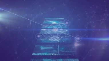 Mor arkaplandaki ekranlarda bağlantılar ve veri işleme ağının animasyonu. küresel bilim, bağlantılar, dijital arayüz ve teknoloji konsepti dijital olarak oluşturulmuş video.