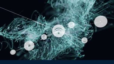 Parlayan yeşil ışık yollarının üzerindeki simgelerle bağlantı ağının animasyonu. küresel bağlantılar, teknoloji ve dijital arayüz konsepti dijital olarak oluşturulmuş video.