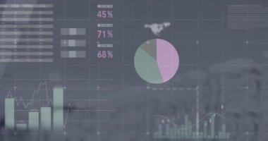Dükkanla istatistik ve finansal veri işleme animasyonu. küresel çevrimiçi alışveriş, veri işleme ve dijital arayüz kavramı dijital olarak oluşturulmuş video.