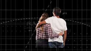 Çiftler kucaklaşırken matematiksel denklemlerin animasyonu. küresel öğrenme, bilim, veri işleme, teknoloji ve bağlantı konsepti dijital olarak oluşturulmuş video.