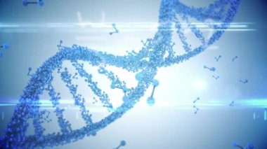 Mavi arka planda DNA ipliği ve tıbbi veri işleme animasyonu. küresel bilim, araştırma, bağlantılar ve ağlar konsepti dijital olarak oluşturulmuş video.