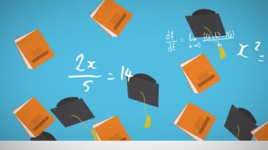 Matematiksel denklemlerin animasyonu ve mavi arka planda mezuniyet şapkaları. eğitim, bilim, öğrenme ve bilgi konsepti dijital olarak oluşturulmuş video.