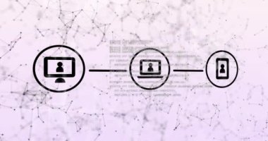 Leylak üzerine bağlı dijital iletişim medya simgeleri ve veri işleme animasyonları. küresel iletişim teknolojisi ve dijital veri ağı konsepti, dijital olarak oluşturulmuş video.