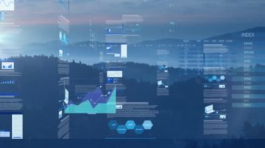 Mavi zemin üzerinde istatistiksel ve finansal veri işleme animasyonu. küresel iş, finans, teknoloji ve dijital arayüz kavramı dijital olarak oluşturulmuş video.