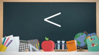 Matematiksel denklemlerin animasyonu ve kara tahtalı okul simgeleri. eğitim, bilim, öğrenme ve bilgi konsepti dijital olarak oluşturulmuş video.