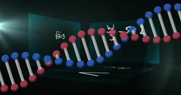 Animatie Van Dna Strengen Die Draaien Vergelijkingen Schermen Mondiaal Concept — Stockvideo