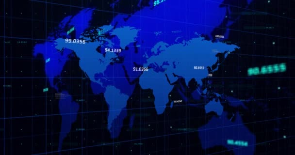 Animation Des Zahlenwechsels Und Datenverarbeitung Mit Weltkarte Globale Datenverarbeitung Und — Stockvideo