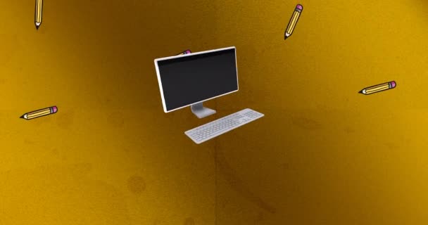 Animation Fallender Gelber Bleistifte Und Desktop Computer Auf Gold Schul — Stockvideo