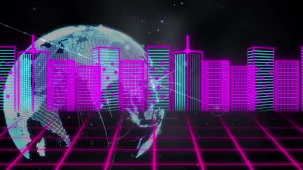 Animacja Sieci Połączeń Przez Globus Trójwymiarowy Pejzaż Miejski Przez Sieć — Wideo stockowe