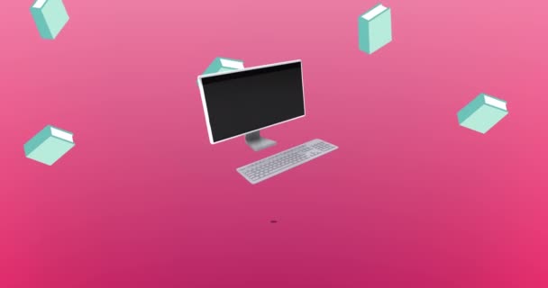 用粉红色的书和台式电脑在掉落的书本和桌上电脑上动画回到学校 教育及学习概念数码录影 — 图库视频影像