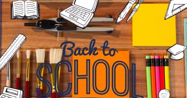 Animation Text Back School School Equipment Scrolling Stationery Desk School — Stock Video