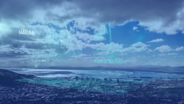 蓝色背景下的城市景观统计和财务数据处理动画 全球商业 技术和数字视频接口概念 — 图库视频影像