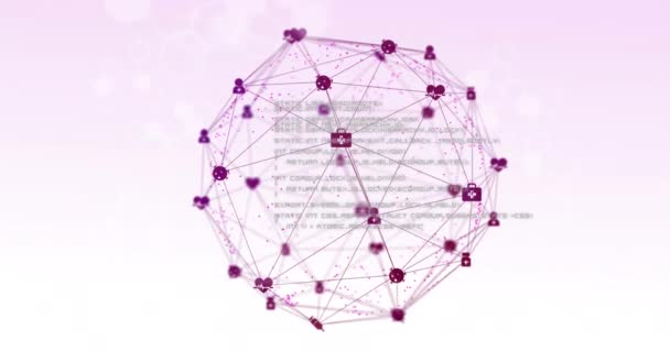 Анимация Вращающегося Глобуса Соединенных Фиолетовых Икон Обработка Данных Белом Бледно — стоковое видео