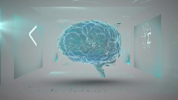 Анимация Вращения Человеческого Мозга Цифровой Обработкой Данных Экранах Глобальная Наука — стоковое видео