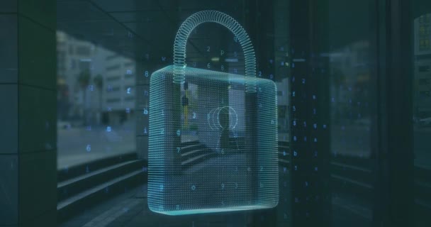 Animación Candado Seguridad Línea Sobre Procesamiento Datos Oficina Vacía Concepto — Vídeo de stock