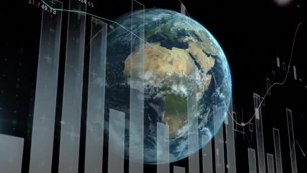 Animation Von Statistiken Und Datenverarbeitung Über Den Globus Globales Geschäft — Stockvideo