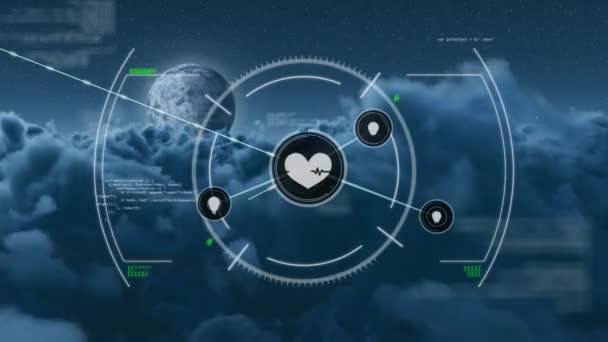 Animacja Sieci Połączeń Ikonami Medycznymi Serca Nad Skanowaniem Zakresu Globalne — Wideo stockowe
