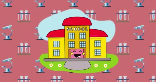 赤い背景の化学アイコン上の学校のアイコンのアニメーション 教育と学習と知識の概念をデジタルで生成し — ストック動画