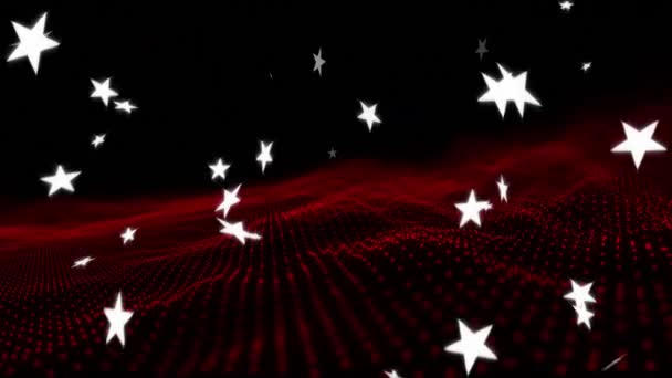 Animation White Stars Falling Red Mesh Black Background Celebration Fun — Stock Video