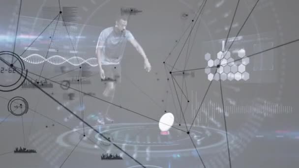 Animacja Sieci Skanera Nad Graczem Rugby Kopanie Piłkę Przetwarzanie Informacji — Wideo stockowe