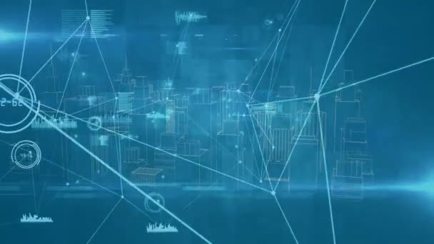 Animacja Sieci Połączeń Statystykami Przetwarzającymi Ponad Pejzażu Miejskiego Niebieskim Tle — Wideo stockowe