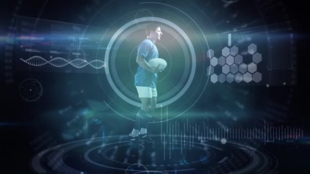 Animación Del Escáner Sobre Jugador Rugby Corriendo Con Bola Procesamiento — Vídeos de Stock