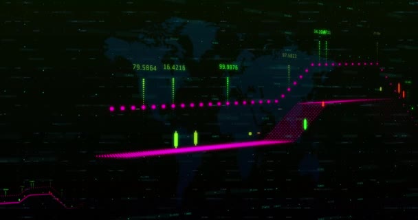 Animación Del Procesamiento Datos Financieros Través Del Mapa Mundial Negocios — Vídeo de stock