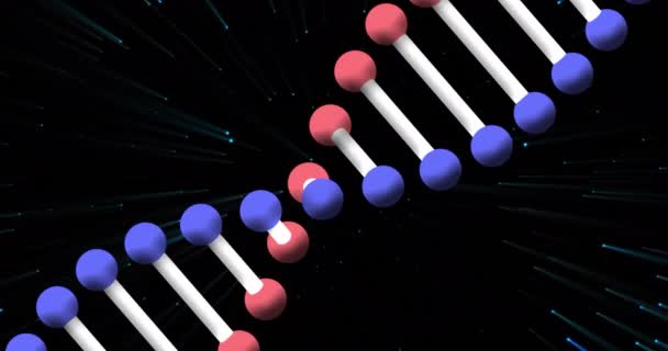 Animering Dna Strängen Snurrar Över Glödande Blå Partiklar Universum Global — Stockvideo
