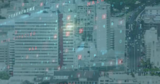 网络云彩在网络攻击警告文字和城市景观上的动画 全球因特网安全 技术和数字接口概念 — 图库视频影像
