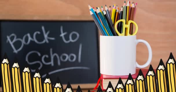 Animation Text Back School Chalkboard Cup Pencils Pencils Moving Foreground — Stock Video