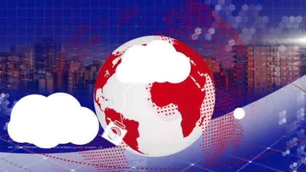 Анімація Цифрових Хмарних Піктограм Глобусу Обертаються Обробкою Даних Мережею Єднань — стокове відео