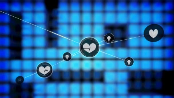 Animáció Hálózatok Kapcsolatok Orvosi Szív Ikonok Kék Képernyők Globális Adatfeldolgozás — Stock videók