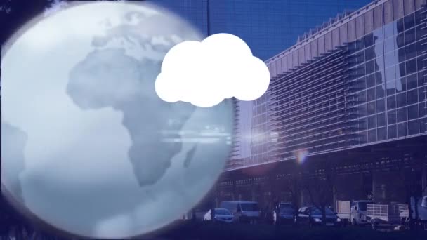 Animation Digital Clouds Globe Spinning Network Connections Cityscape Global Networks — Stock Video