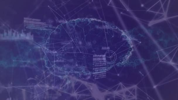 紫色背景下连接人脑的网络动画 全球科学 技术和数据处理概念 — 图库视频影像