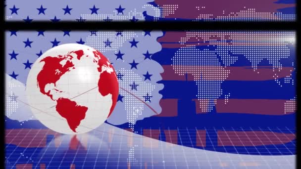 在美国国旗和地图上用数据处理的全球旋转动画 全球网络 技术和连接概念数字生成视频 — 图库视频影像
