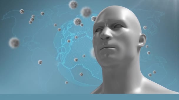 人間の頭の上に浮かぶ19個の細胞と青の背景に浮かぶ地球のアニメーション 世界的なコロナウイルスパンデミックの概念はデジタルで生成され — ストック動画