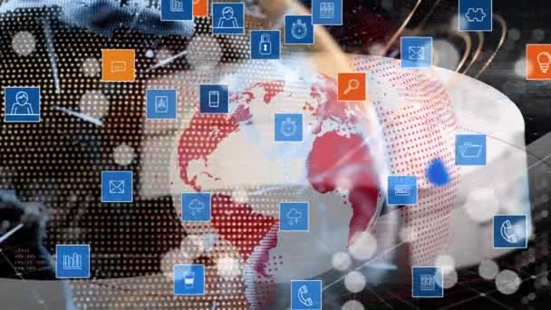 Animering Nätverk Anslutningar Med Digitala Ikoner Över Hela Världen Globala — Stockvideo