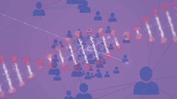 Анимация Цепочки Днк Сеть Связей Людьми Иконки Фиолетовом Фоне Глобальная — стоковое видео
