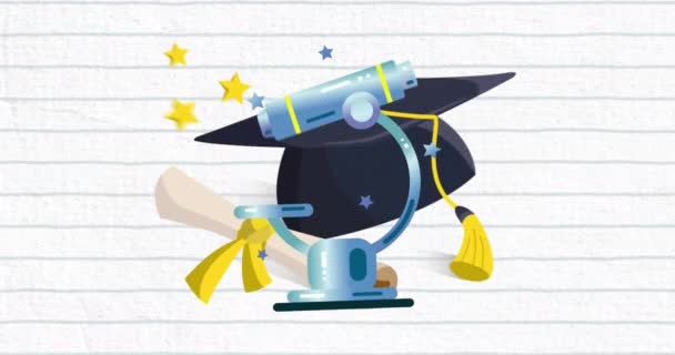 Animação Microscópio Certificado Chapéu Graduação Fundo Papel Regulamentado Conceito Educação — Vídeo de Stock